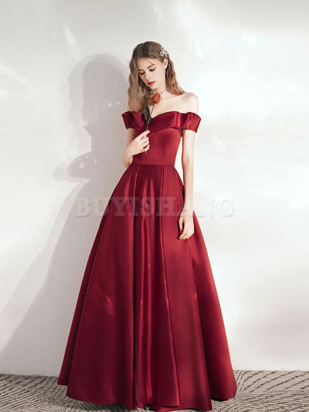 Buyishang A Line Burgundy Long Prom Dresses Satin Long Formal Graduation Dresses Bridesmaid dress shop