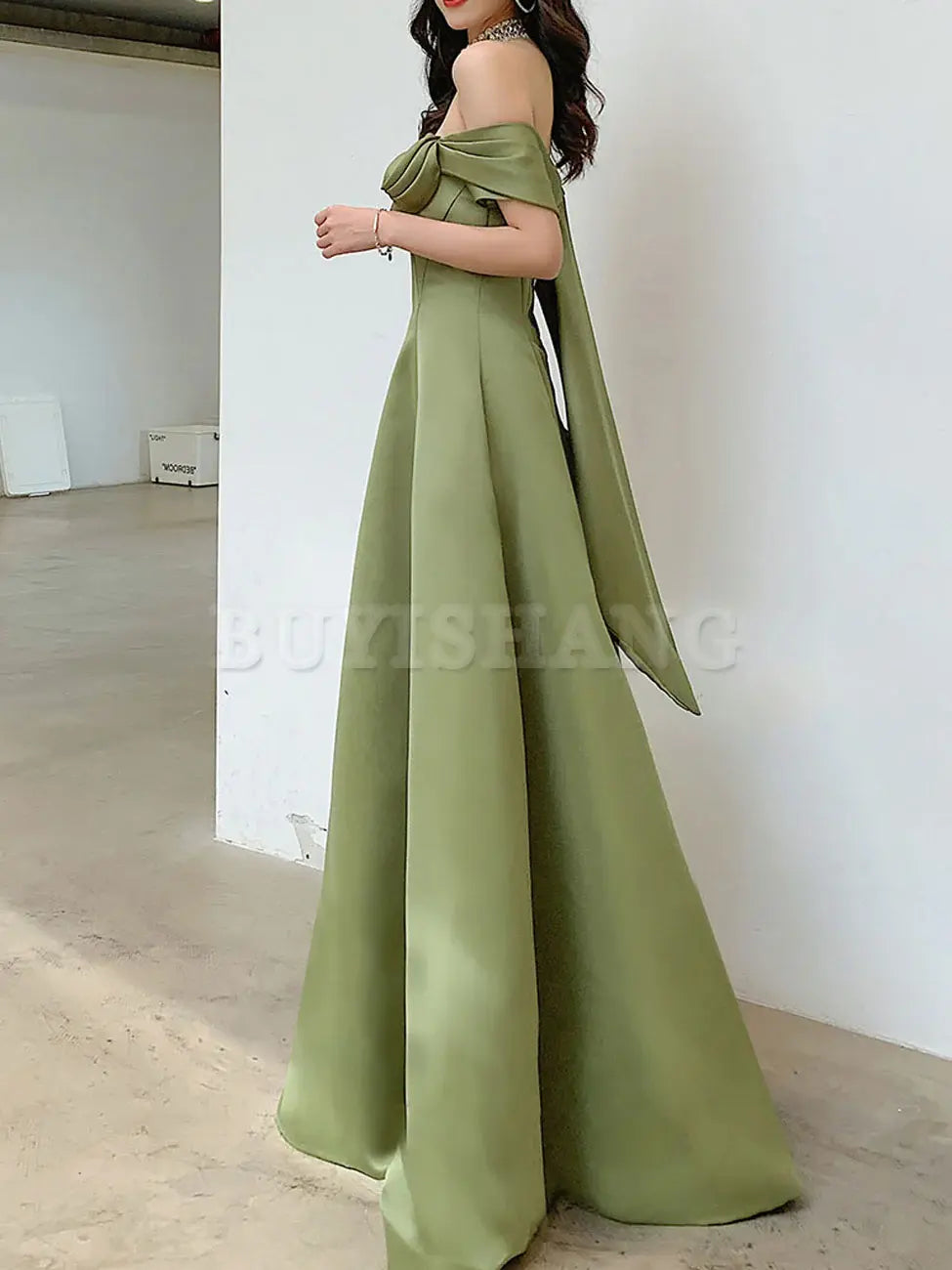 Buyishang A Line Satin Green Long Prom Dresses Off Shoulder Green Long Formal Dresses Bridesmaid dress shop