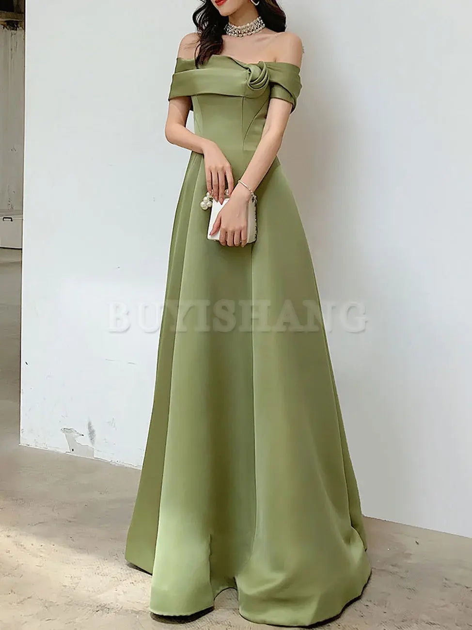 Buyishang A Line Satin Green Long Prom Dresses Off Shoulder Green Long Formal Dresses Bridesmaid dress shop