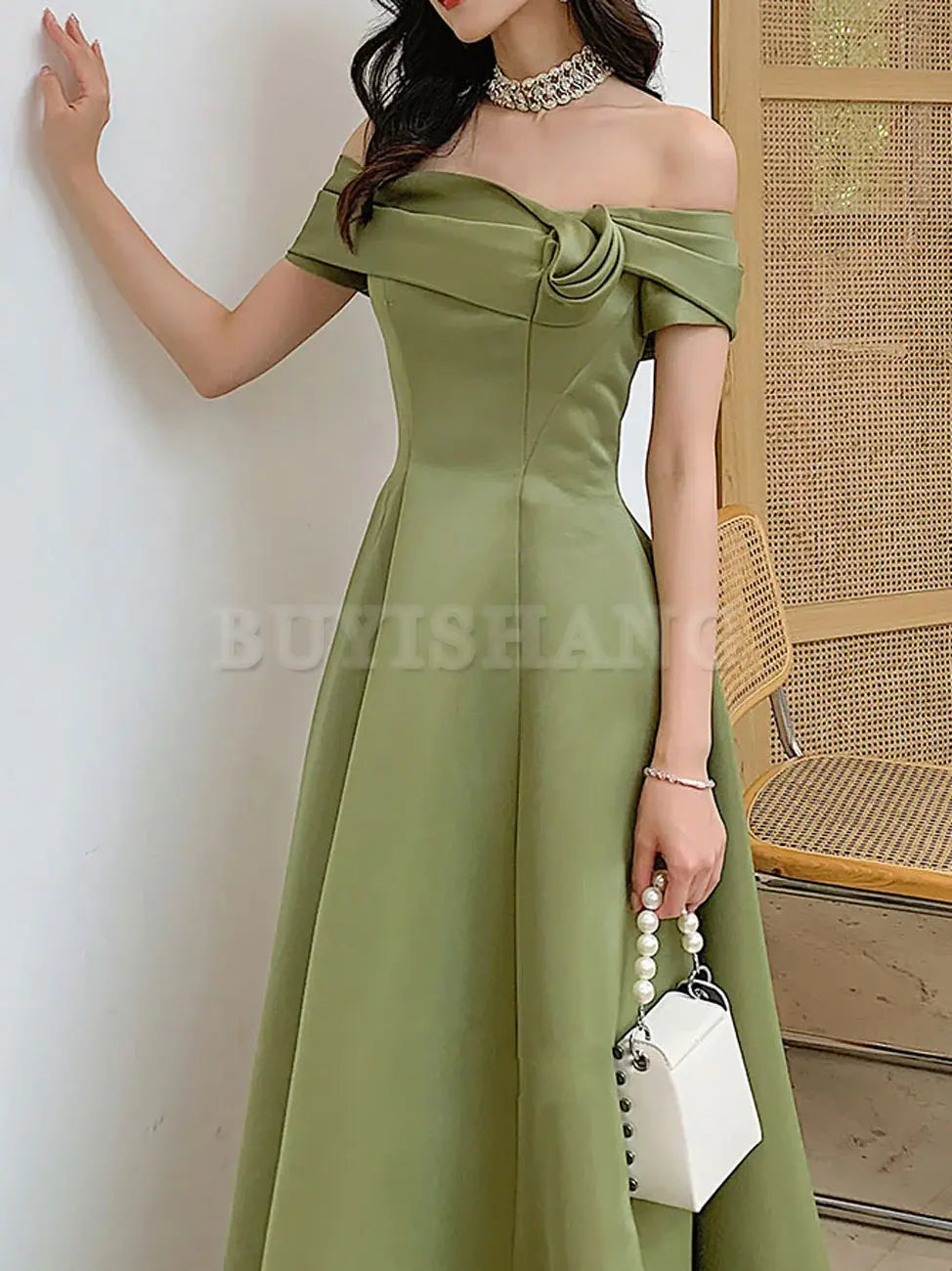 Buyishang A Line Satin Green Long Prom Dresses Off Shoulder Green Long Formal Dresses Bridesmaid dress shop