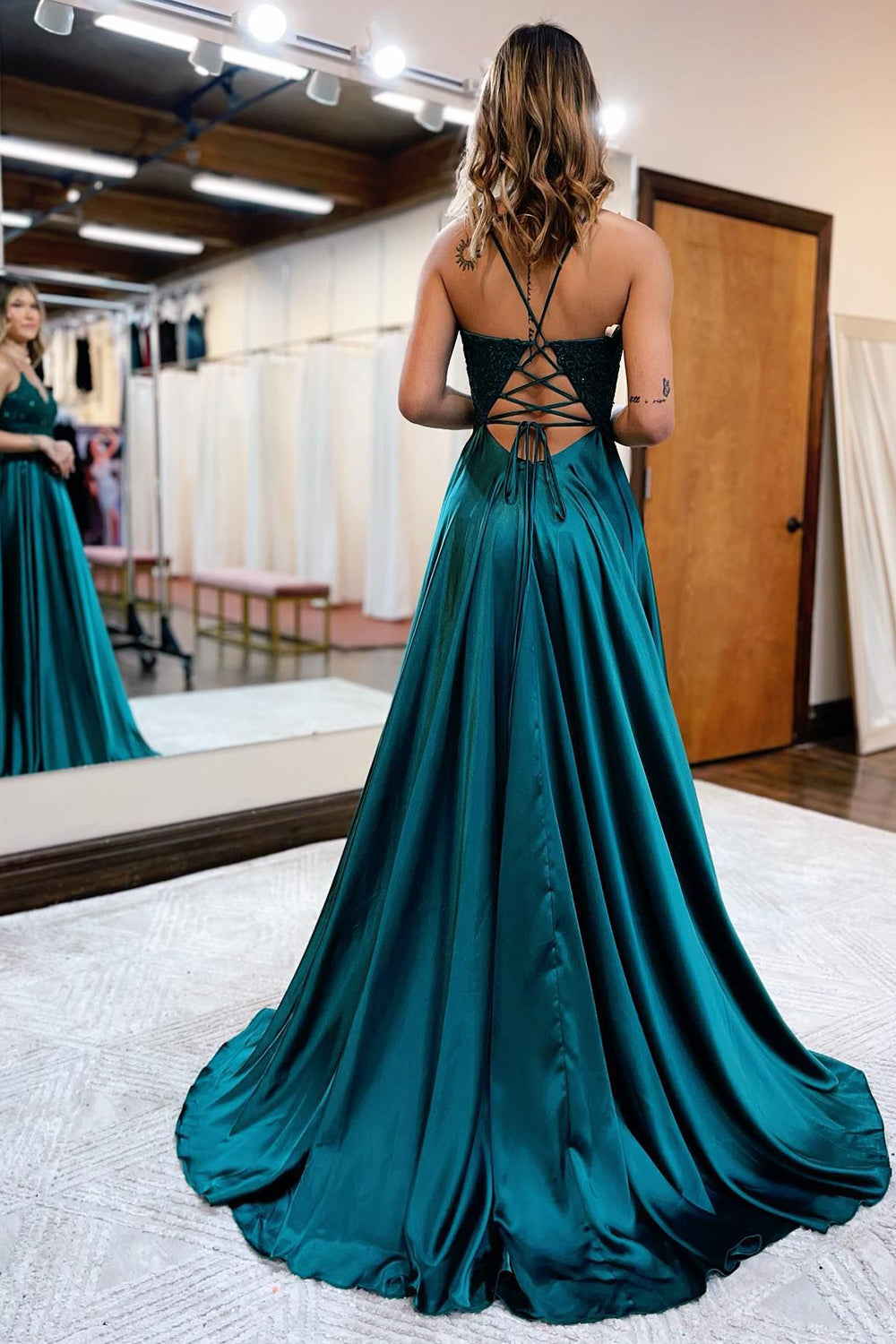 A Line Spaghetti Straps Green Long Prom Dress with Appliques