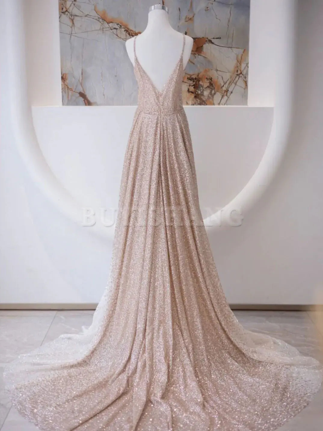 Buyishang A Line V Neck Champagne Long Prom Dresses Shiny Tulle Champagne Evening Dress prom dresses shops