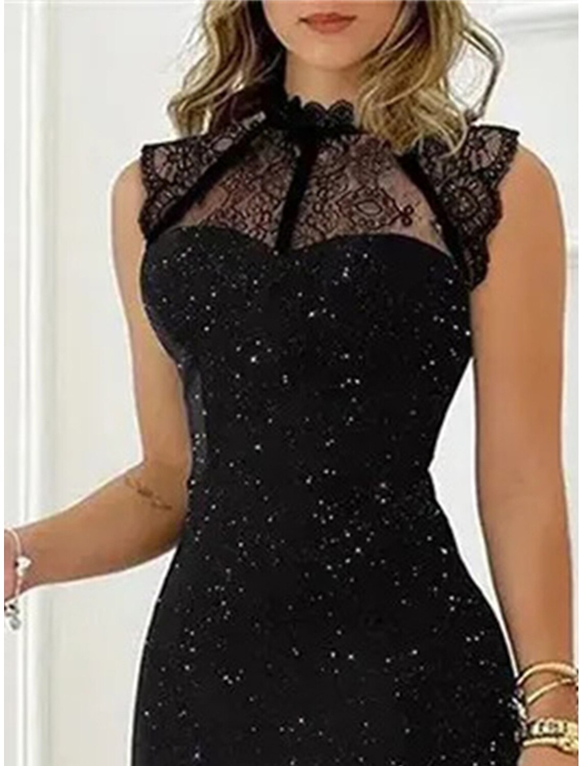 Women's Black Sequin Dress Party Dress Little Black Dress Lace Dress Sparkly Dress Sexy Dress Black Homecoming Dress Mini Dress Sleeveless Sparkly Glitter Fall Crew Neck Fashion