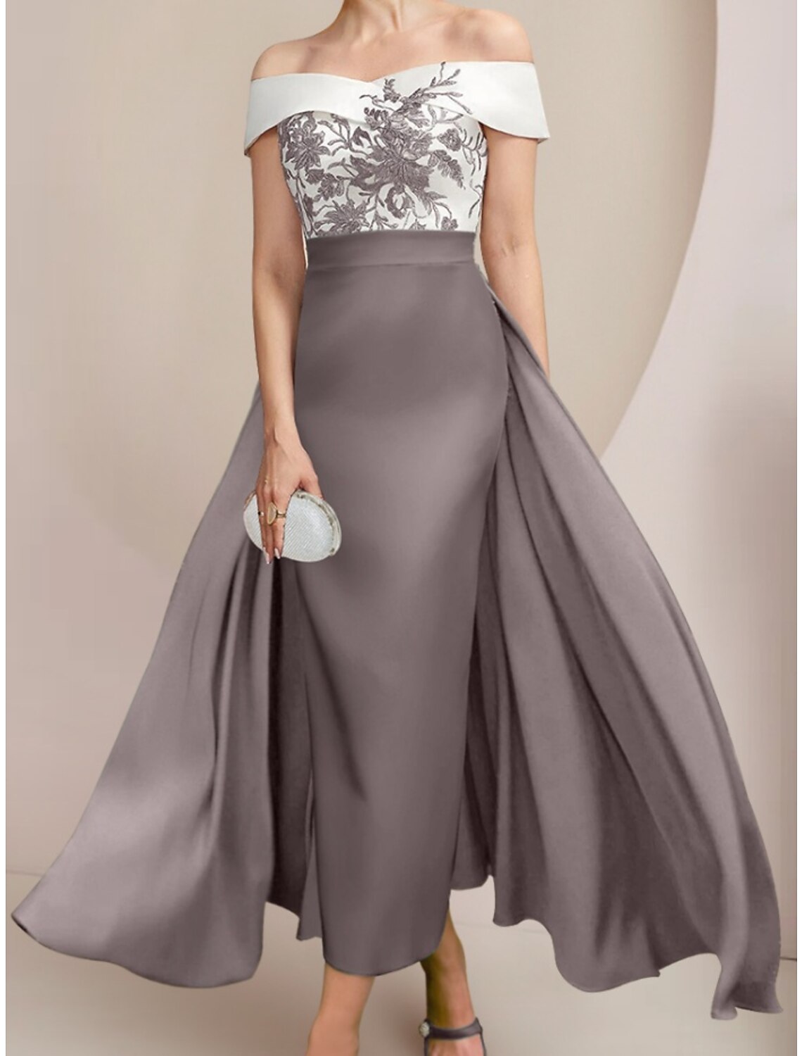 A-Line Mother of the Bride Dress Wedding Guest Elegant Off Shoulder Ankle Length Stretch Fabric Short Sleeve with Appliques Ruching