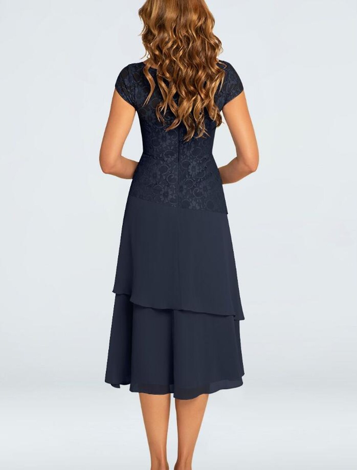 A-Line Mother of the Bride Dress Plus Size Jewel Neck Tea Length Chiffon Short Sleeve with Lace Tier