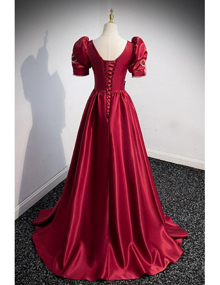 Elegant Burgundy Satin Evening Prom Dress with Jewelry Bow Knot