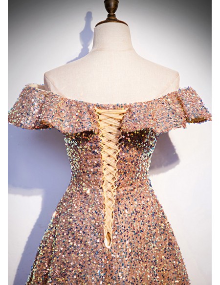 Off Shoulder Champagne Gold Sequined Prom Dress For Parties