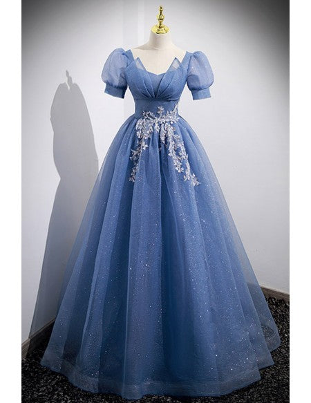 Modest Long Bling Blue Tulle Prom Dress with Short Sleeves