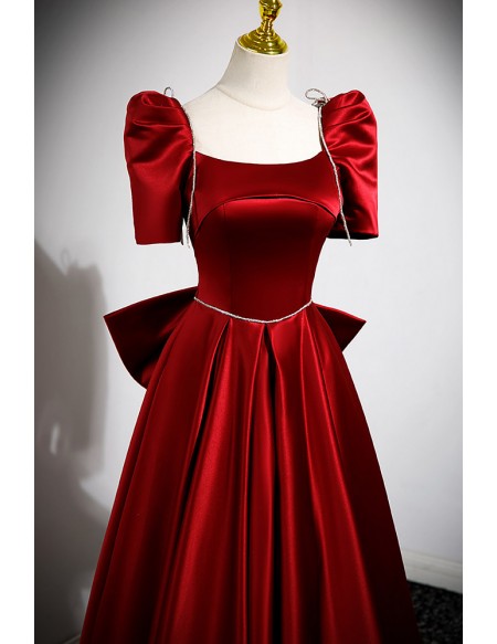 Formal Burgundy Satin Aline Long Evening Dress Square Neck with Big Bow In Back