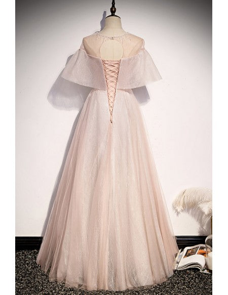 Modest Light Pink Long Prom Dress with Beaded Neckline