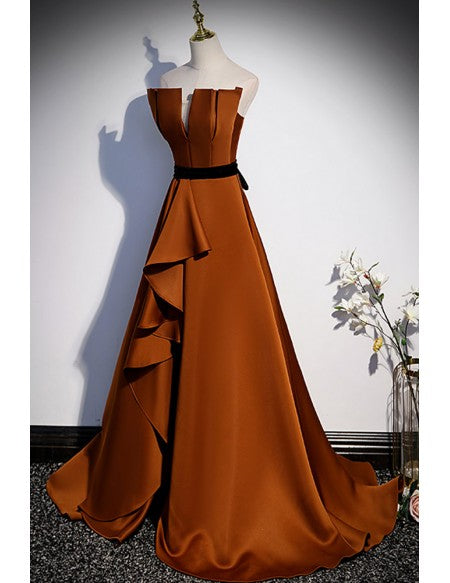 Brown Satin Strapless Elegant Ruffled Prom Dress