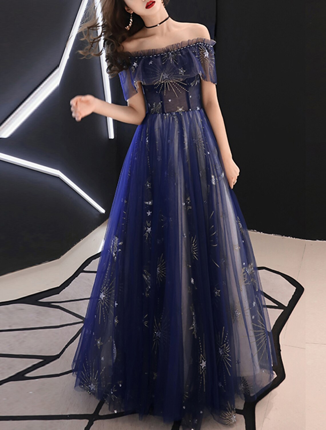 A-Line Sparkle Prom Formal Evening Dress Off Shoulder Short Sleeve Floor Length Tulle with Beading Pattern / Print