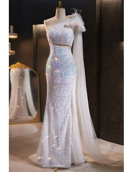 Goddess Bling Sequined Split Front Prom Dress with One Shoulder