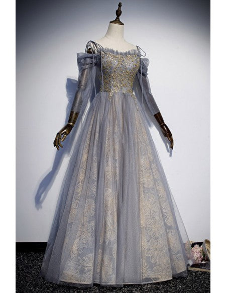 Grey Tulle Long Prom Dress with Gold Sequins