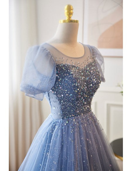 Modest Blue Bubble Sleeved Ballgown Prom Dress with Sequins