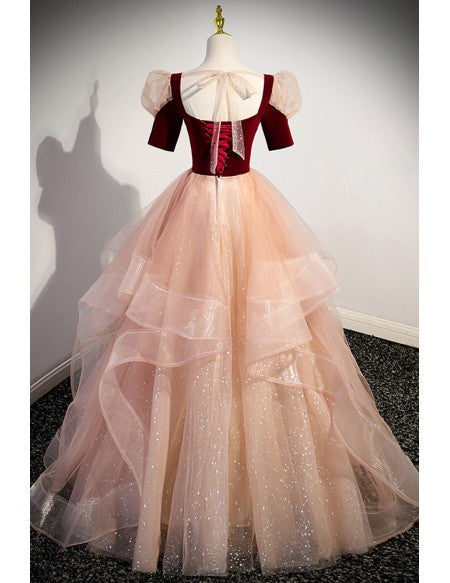 Unique Velvet And Ruffled Bling Tulle Prom Dress with Short Sleeves