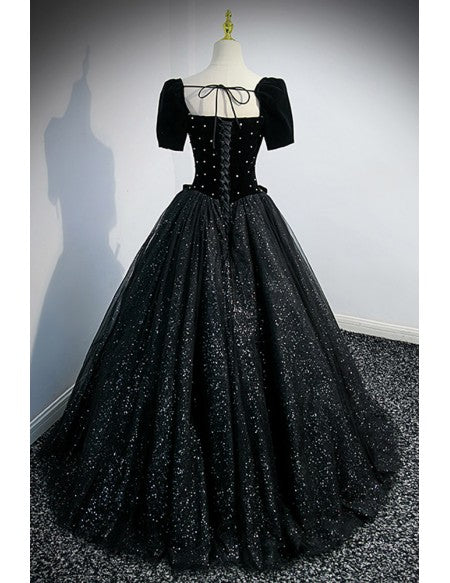 Fantasy Bling Black Ballgown Prom Dress with Removable Sleeves