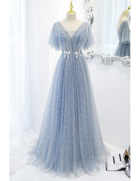 Flowy Long Tulle Aline Prom Dress with Beadings