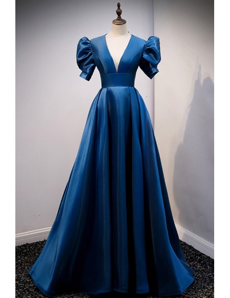 Vneck Bubble Sleeved Long Prom Dress with Open Back