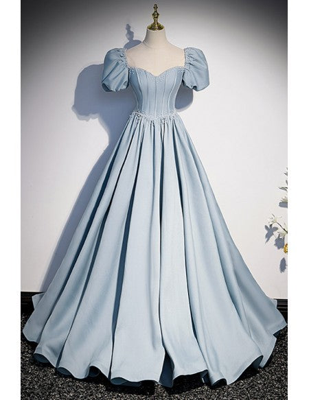 Ruffled Blue Satin Long Prom Dress with Beadings