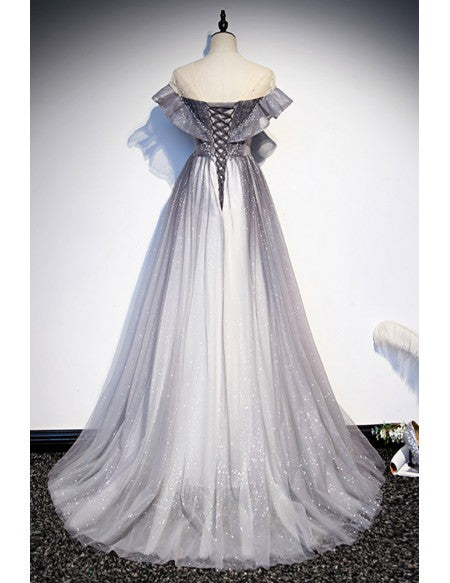 Mistery Ombre Grey Bling Tulle Prom Dress with Sheer Neckline
