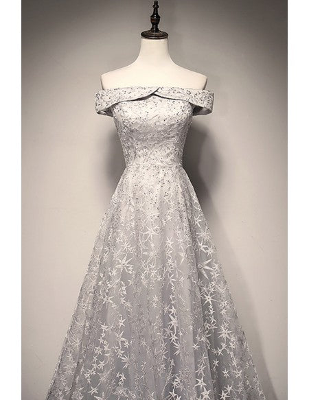 Off Shoulder Grey Stars Lace Long Prom Dress