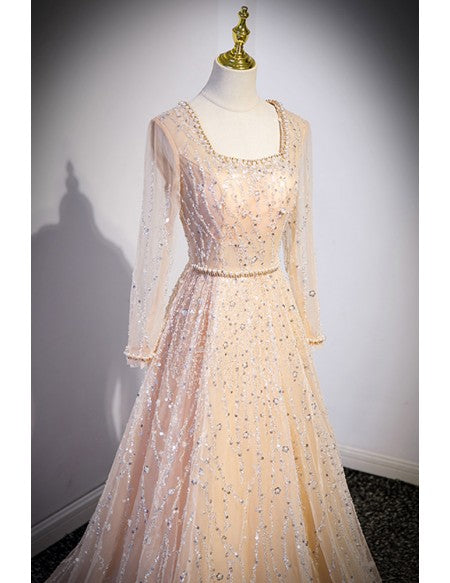 Elegant Champagne Long Evening Prom Dress with Beaded Square Neckline