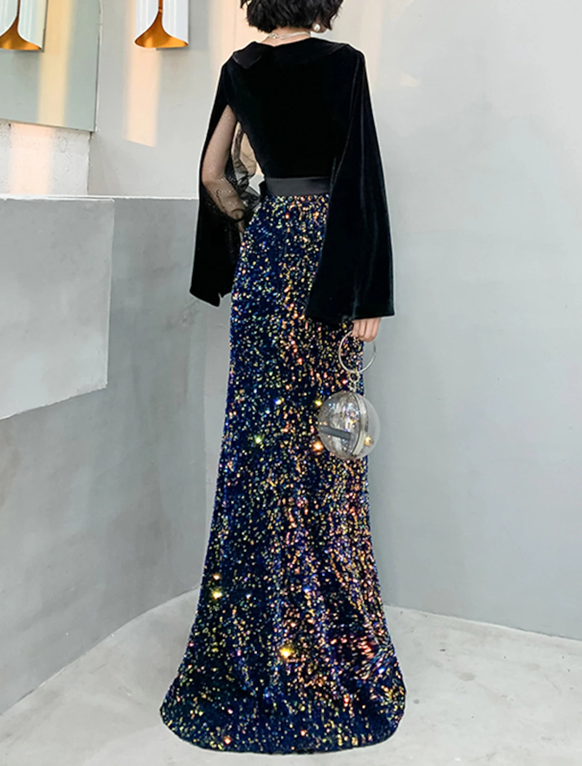 Mermaid / Trumpet Evening Gown Sparkle Dress Wedding Guest Prom Floor Length Long Sleeve V Neck Sequined with Sash / Ribbon Sequin