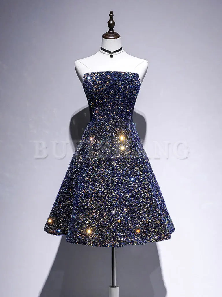 Buyishang Dark Blue A-Line Sequin Lace Short Prom Dress Blue Homecoming Dress prom dresses stores