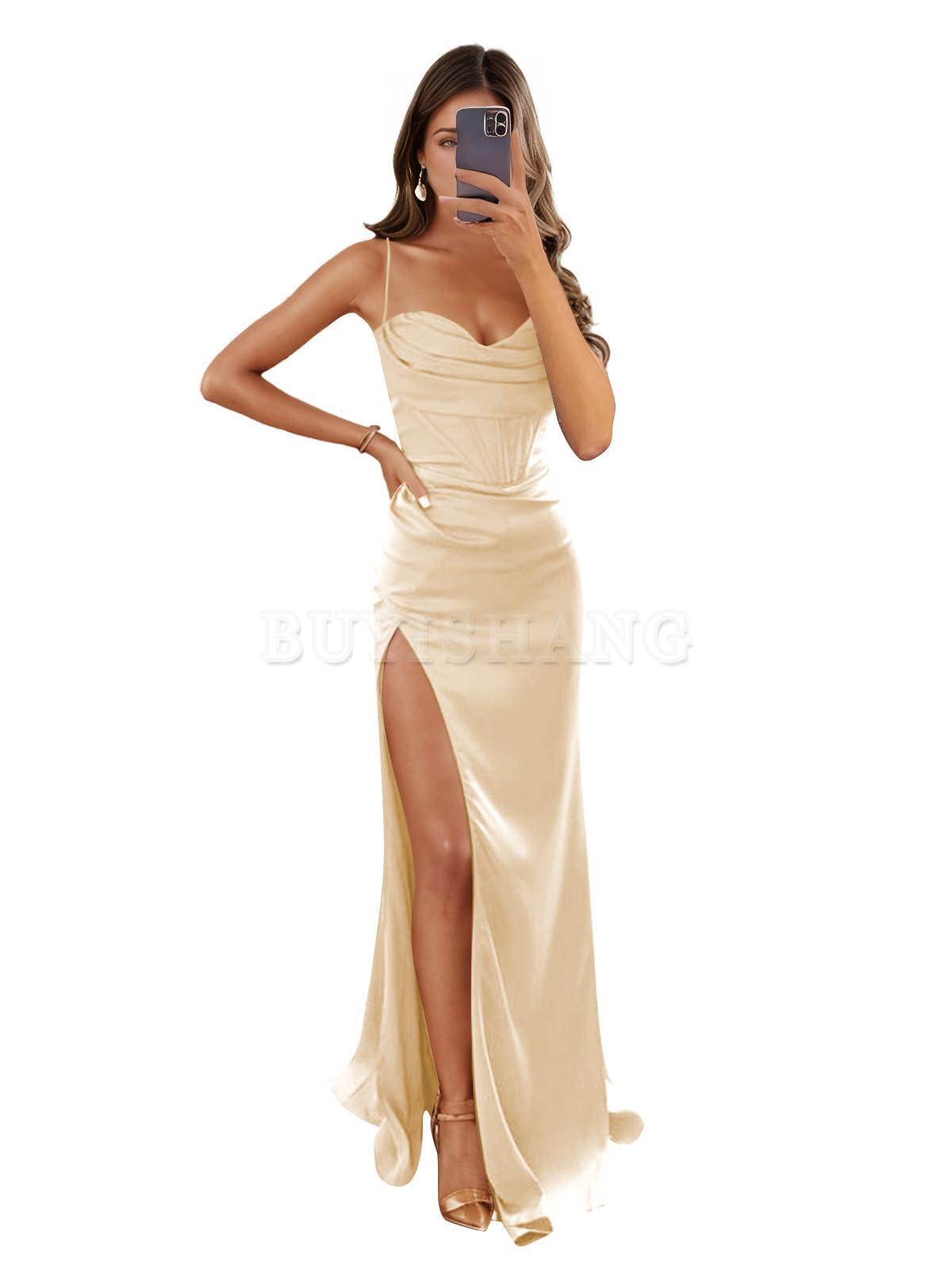 Buyishang Women's Mermaid Prom Dress with Slit Satin Bridesmaid Dresses Long Corset Evening Formal Party Gown prom dresses stores