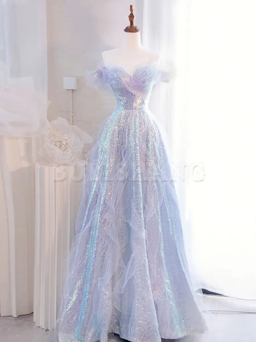 Buyishang Purple Off Shoulder Tulle Sequin Long Prom Dress Purple Formal Dress prom dresses stores