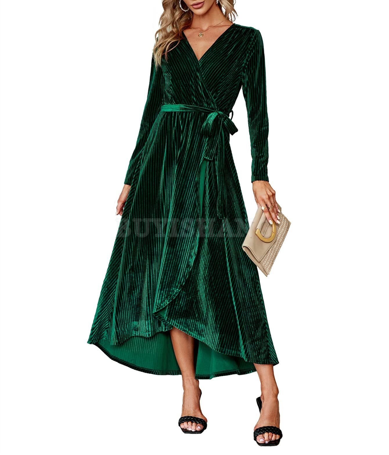 Buyishang Women's Velvet V Neck Wrap Semi Formal Dress Cocktail Party Maxi Dress for Wedding Guest