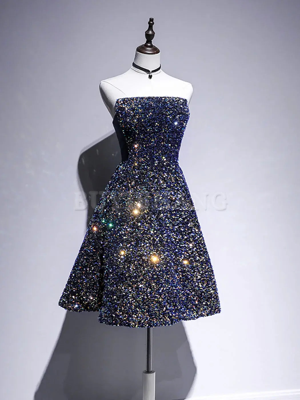 Buyishang Dark Blue A-Line Sequin Lace Short Prom Dress Blue Homecoming Dress prom dresses stores