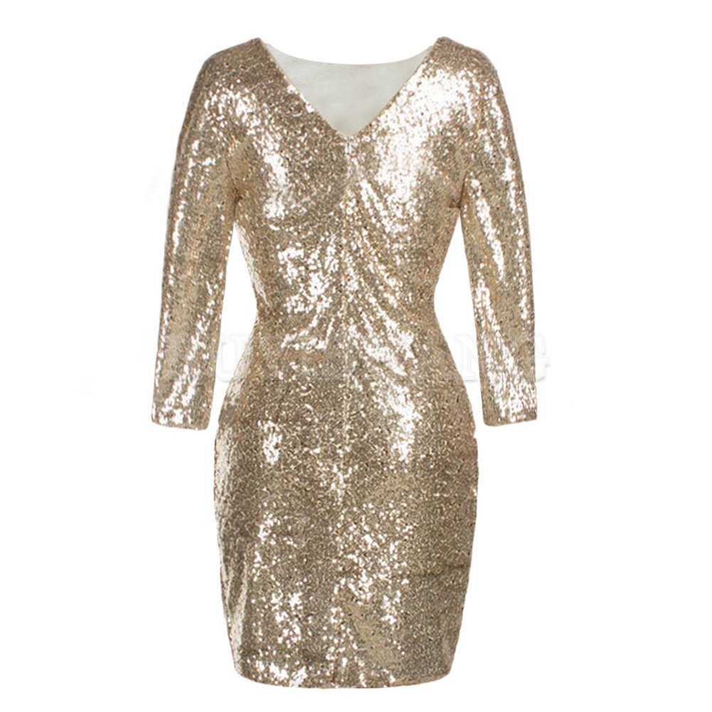 Buyishang Womens 3/4 Sleeve V Neck Sequin Sparkle Glitzy Glam Flapper Party Dress Cocktail Glitter Bodycon Wedding Evening Clubwear prom dresses stores