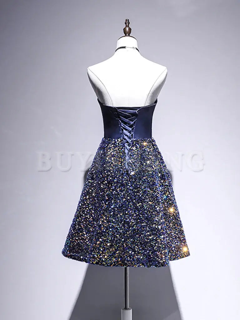 Buyishang Dark Blue A-Line Sequin Lace Short Prom Dress Blue Homecoming Dress prom dresses stores
