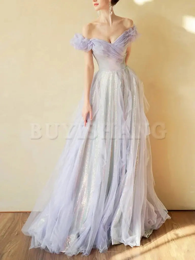 Buyishang Purple Off Shoulder Tulle Sequin Long Prom Dress Purple Formal Dress prom dresses stores