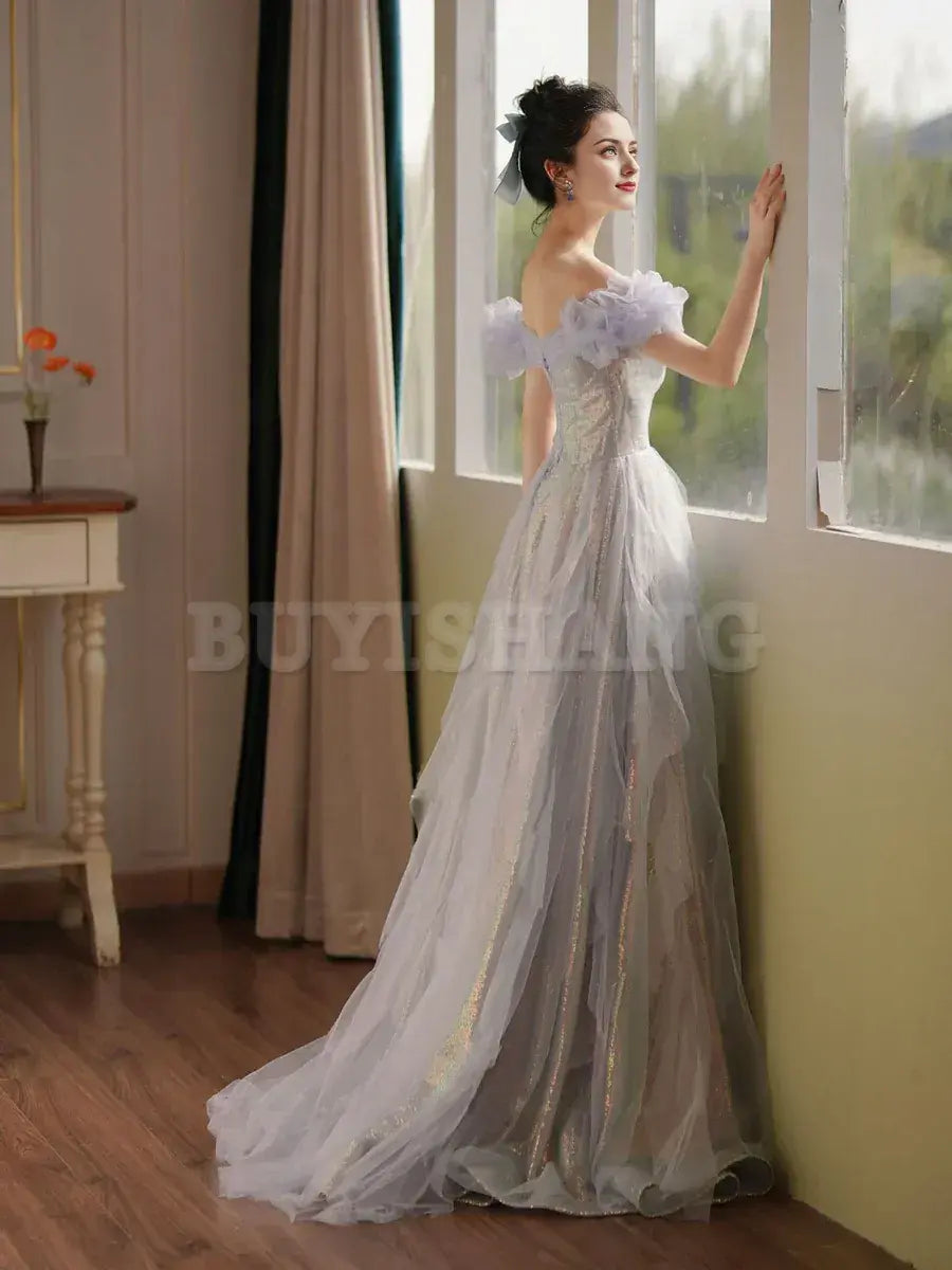 Buyishang Purple Off Shoulder Tulle Sequin Long Prom Dress Purple Formal Dress prom dresses stores