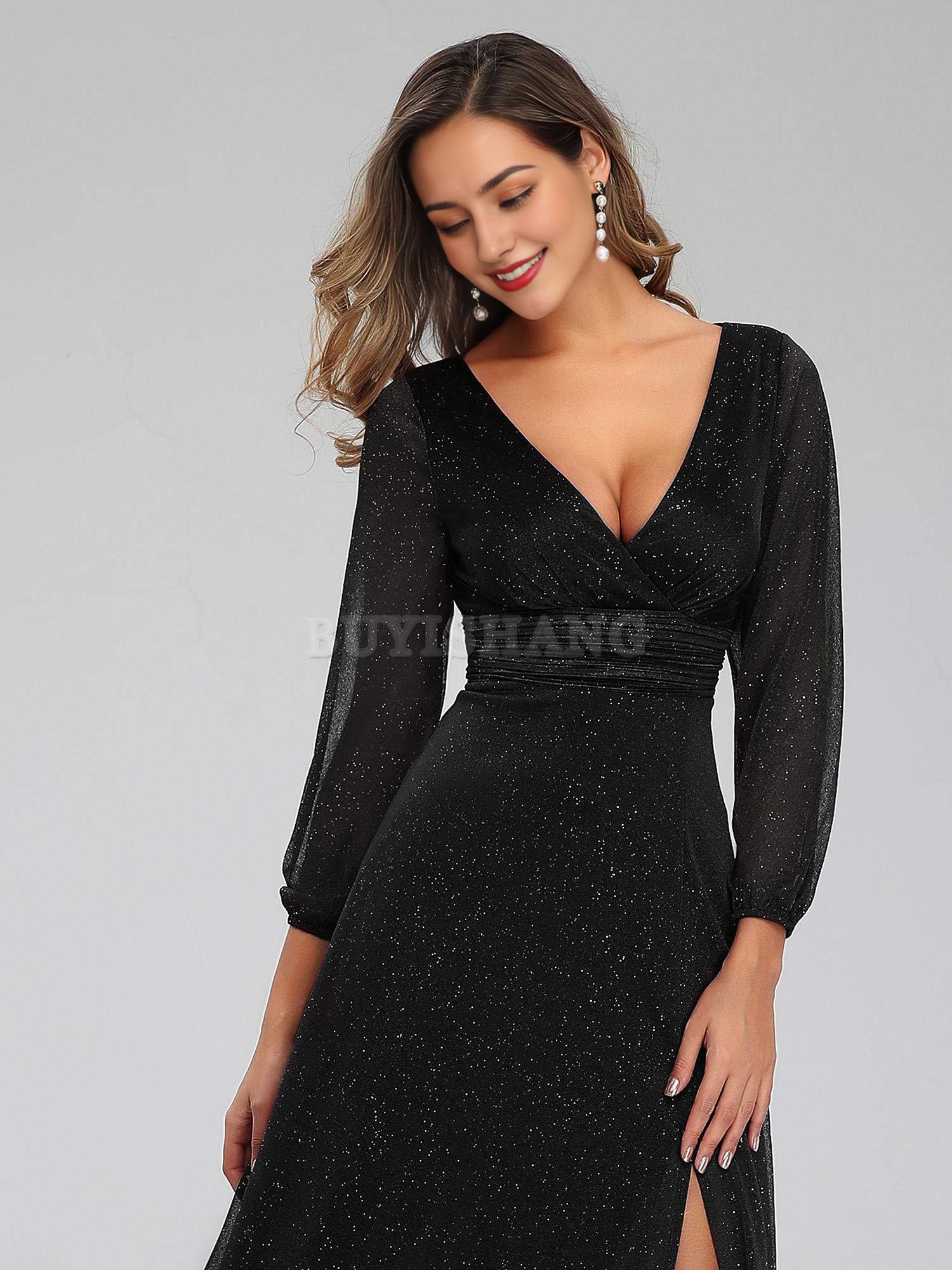 Buyishang Women's Evening Gown V-Neck Front Wrap High Thigh Slit A Line Formal Dress prom dresses stores