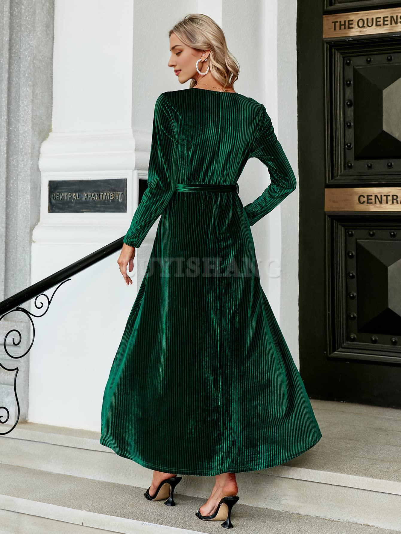 Buyishang Women's Velvet V Neck Wrap Semi Formal Dress Cocktail Party Maxi Dress for Wedding Guest