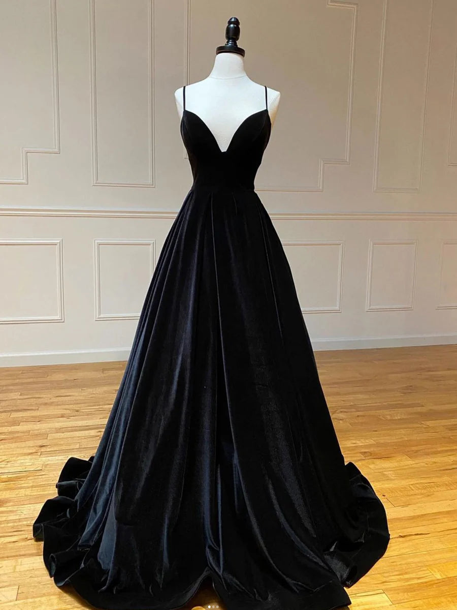 Buyishang A-Line V Neck Velvet Black Long Prom Dresses Green Velvet Formal Dress prom dresses shops