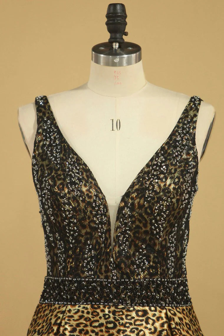 Animal Print V Neck Beaded Bodice A Line Party Dresses