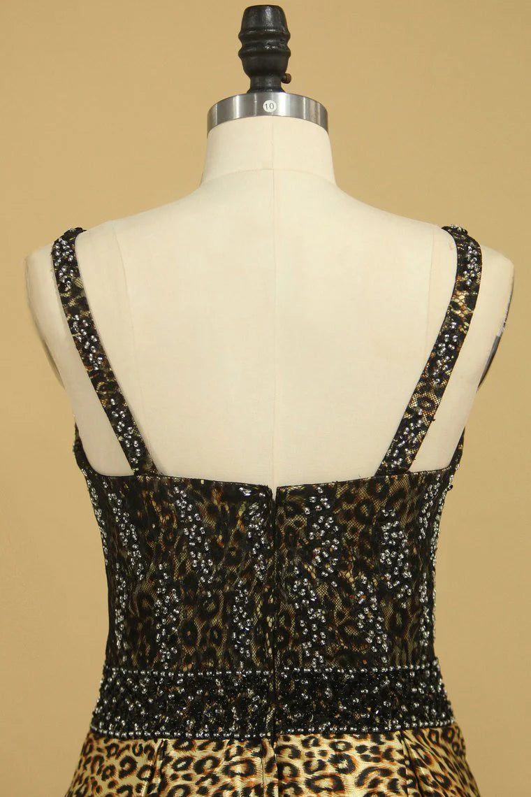 Animal Print V Neck Beaded Bodice A Line Party Dresses