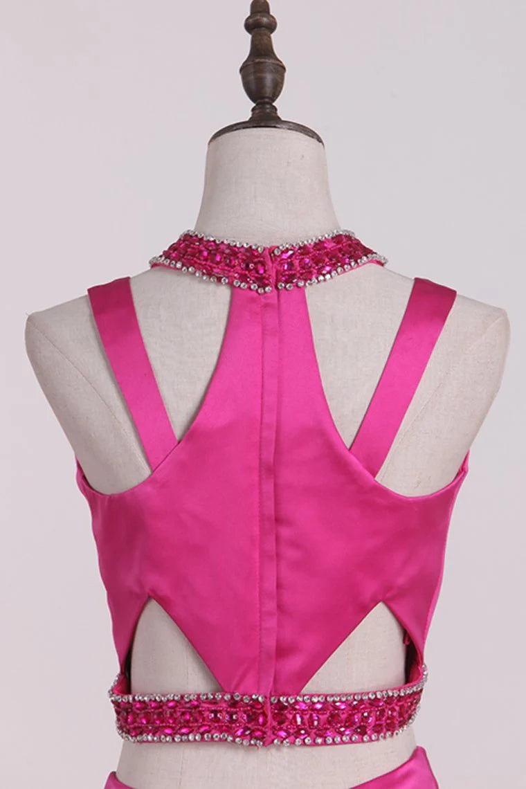 Asymmetrical Two-Piece Scoop Party Dresses A Line Satin With Beading