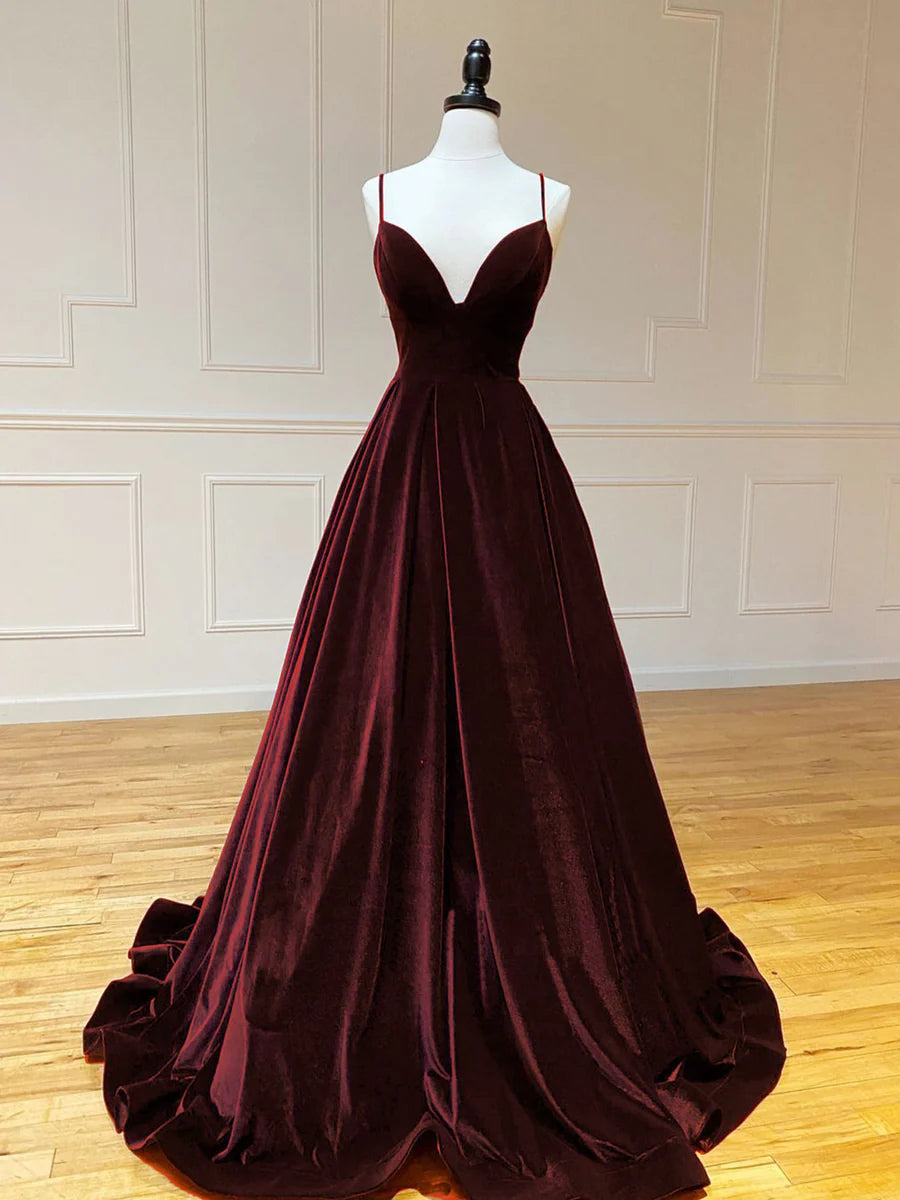 Buyishang A-Line V Neck Velvet Burgundy Long Prom Dresses Green Velvet Formal Dress prom dresses shops ﻿
