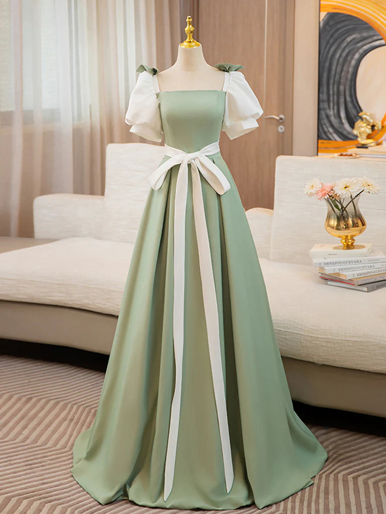 Buyishang Puff Sleeves A-line Satin Green/White Long Prom Dress Green Long Formal Dress