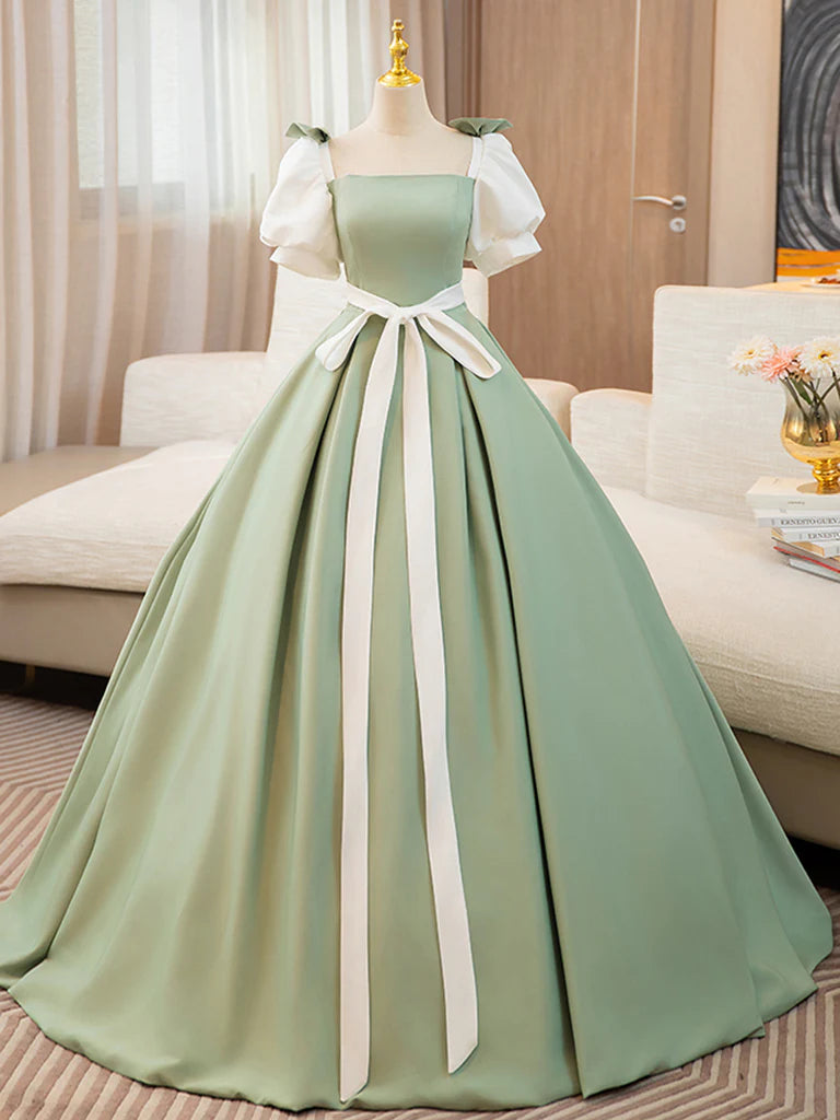 Buyishang Puff Sleeves A-line Satin Green/White Long Prom Dress Green Long Formal Dress