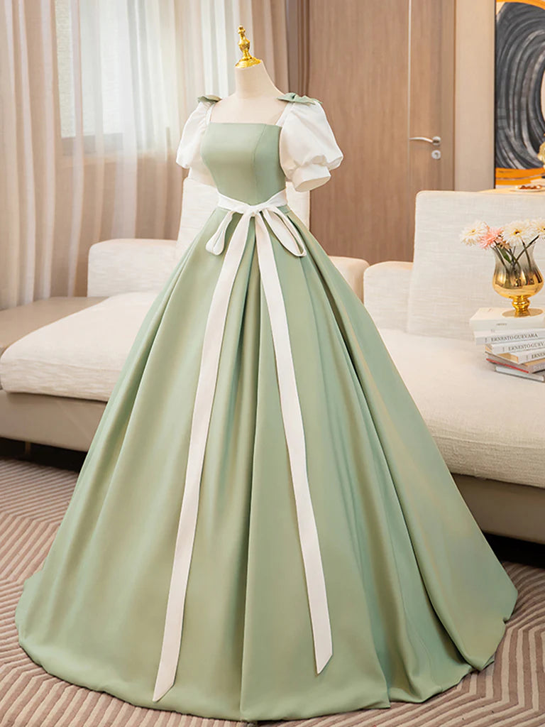 Buyishang Puff Sleeves A-line Satin Green/White Long Prom Dress Green Long Formal Dress