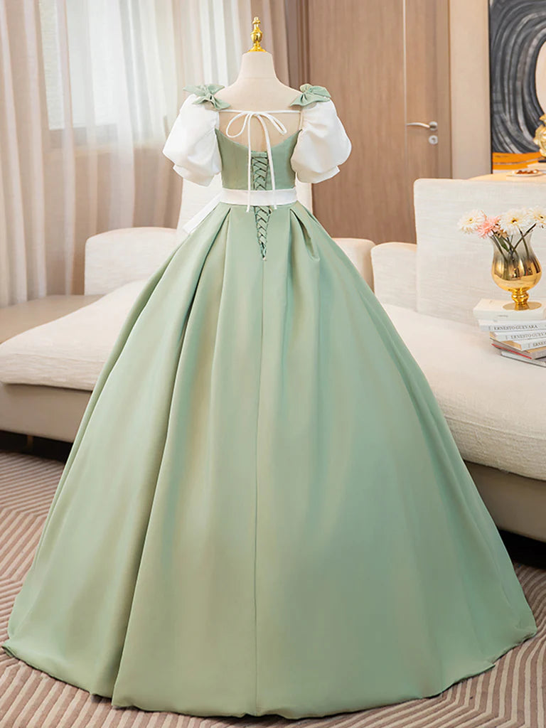 Buyishang Puff Sleeves A-line Satin Green/White Long Prom Dress Green Long Formal Dress