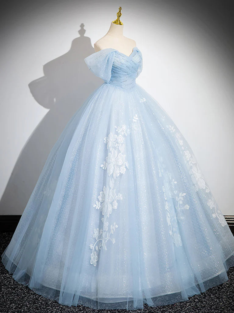 Buyishang A-Line Tulle Lace Blue Long Prom Dress Off Shoulder Blue Long Sweet 16 Dress