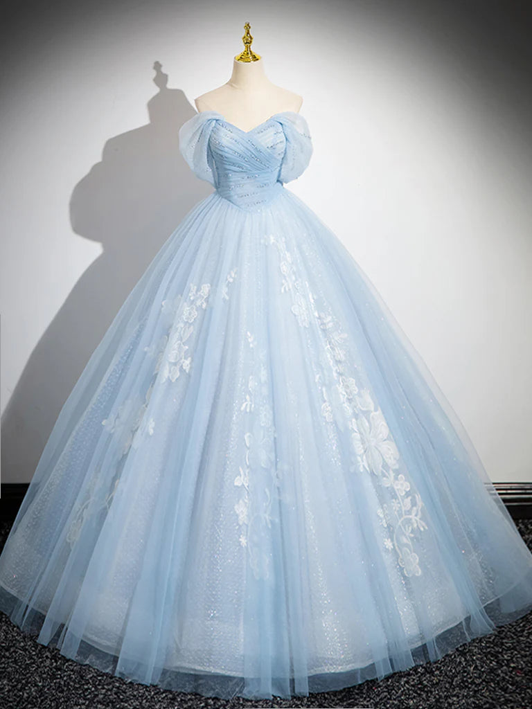 Buyishang A-Line Tulle Lace Blue Long Prom Dress Off Shoulder Blue Long Sweet 16 Dress